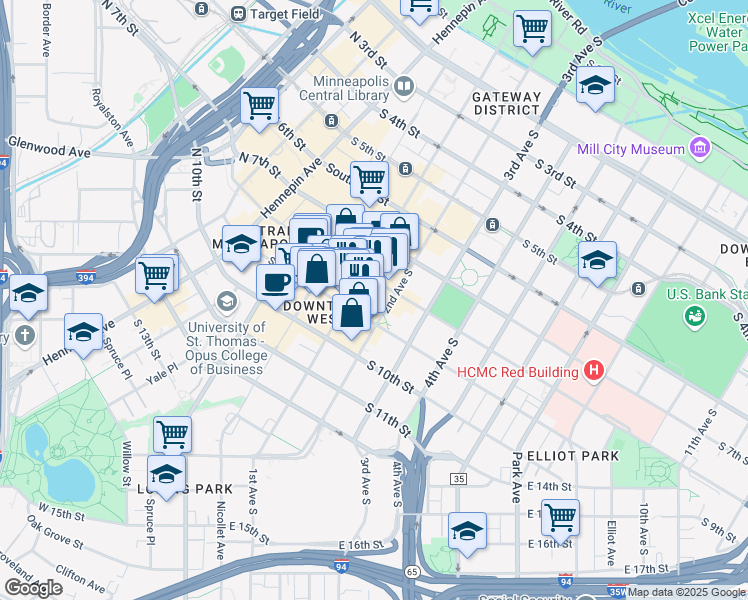 map of restaurants, bars, coffee shops, grocery stores, and more near 121 South 8th Street in Minneapolis