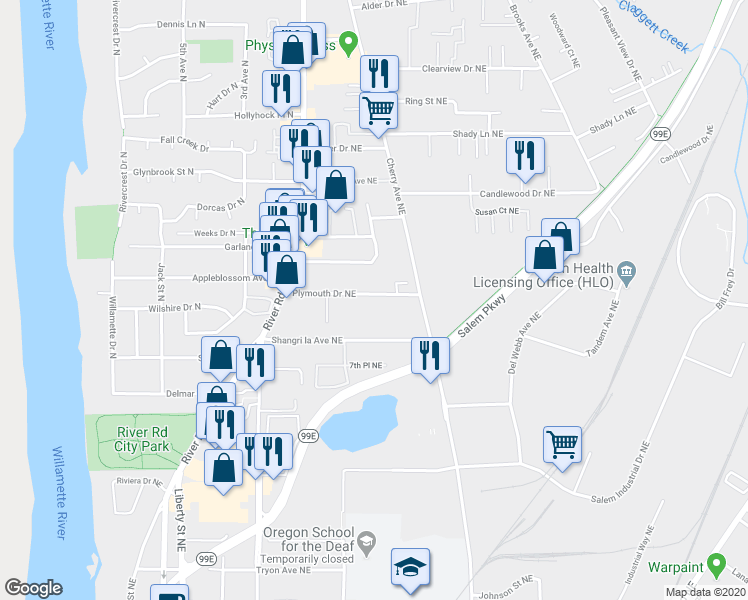 map of restaurants, bars, coffee shops, grocery stores, and more near 858 Plymouth Drive Northeast in Salem