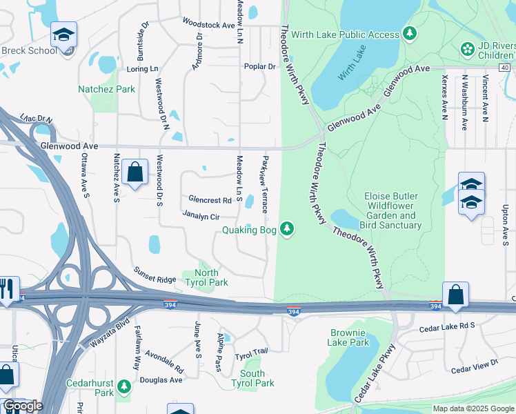 map of restaurants, bars, coffee shops, grocery stores, and more near 416 Parkview Terrace in Minneapolis