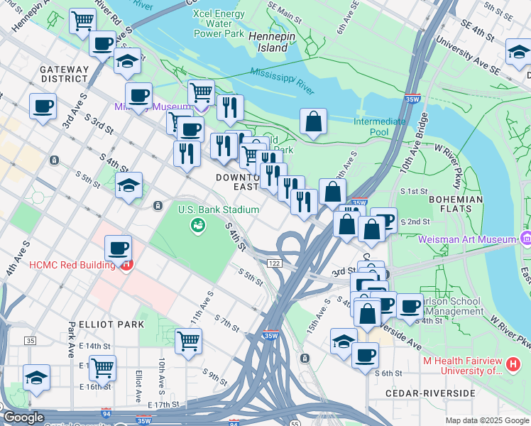 map of restaurants, bars, coffee shops, grocery stores, and more near 1100 South 3rd Street in Minneapolis