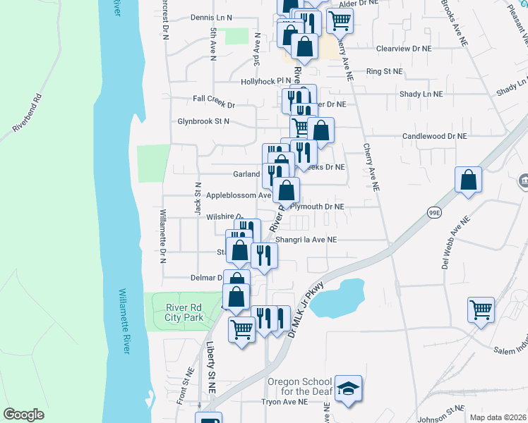 map of restaurants, bars, coffee shops, grocery stores, and more near 3357 River Road North in Salem