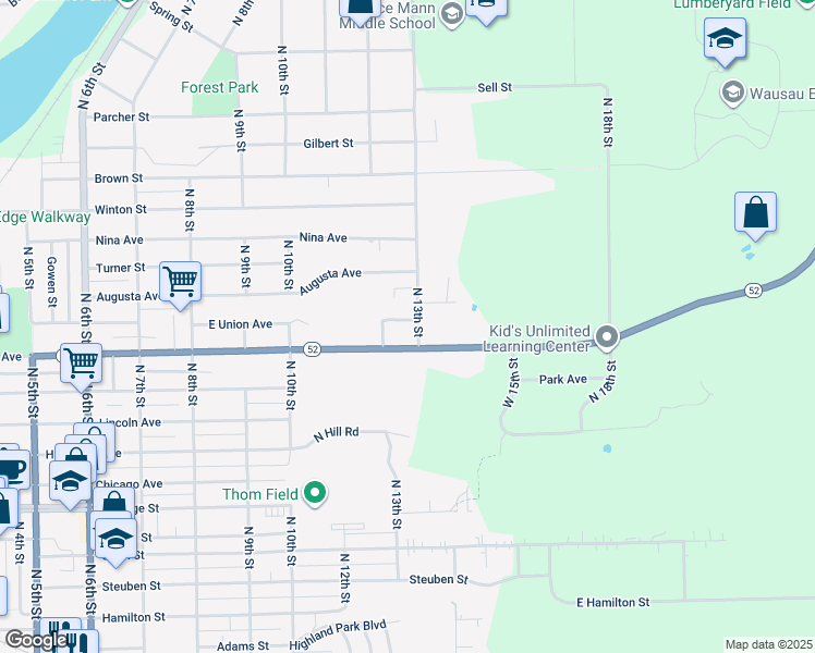 map of restaurants, bars, coffee shops, grocery stores, and more near 1207 East Union Avenue in Wausau