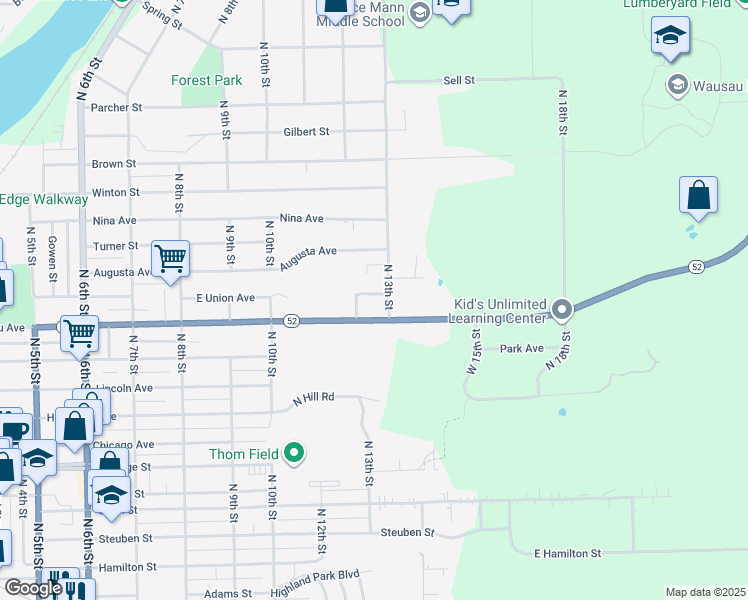 map of restaurants, bars, coffee shops, grocery stores, and more near 1207 East Union Avenue in Wausau