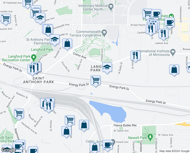 map of restaurants, bars, coffee shops, grocery stores, and more near 1988 Brewster Street in Saint Paul