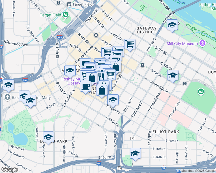 map of restaurants, bars, coffee shops, grocery stores, and more near 821 South Marquette Avenue in Minneapolis