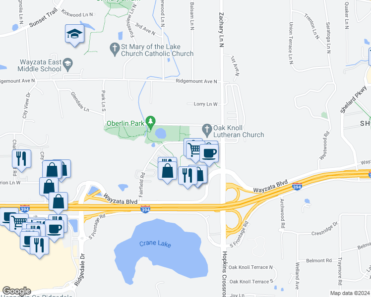 map of restaurants, bars, coffee shops, grocery stores, and more near 11367 Fairfield Road in Hopkins