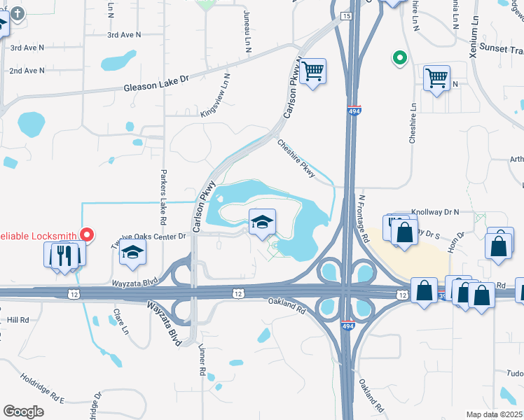 map of restaurants, bars, coffee shops, grocery stores, and more near 501 Carlson Parkway in Minnetonka