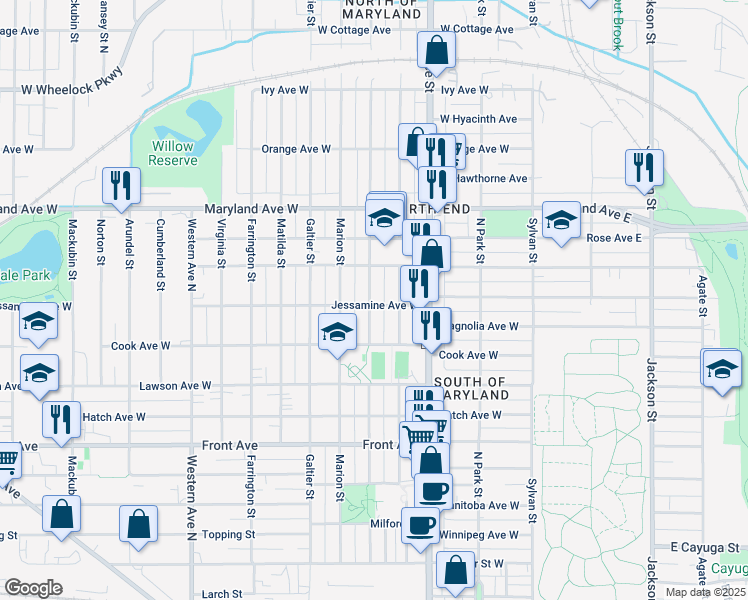 map of restaurants, bars, coffee shops, grocery stores, and more near 1106 North Woodbridge Street in Saint Paul