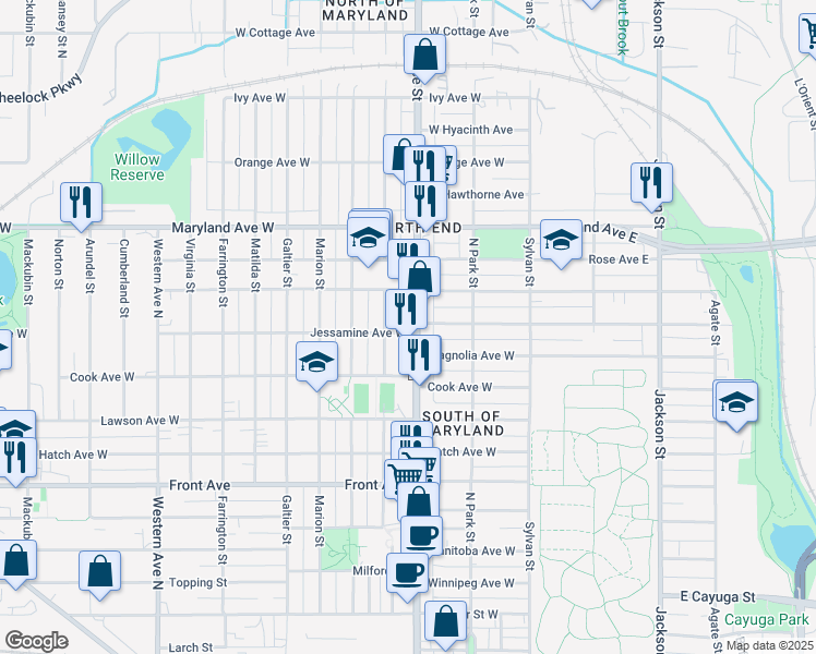 map of restaurants, bars, coffee shops, grocery stores, and more near 1111 Rice Street in Saint Paul