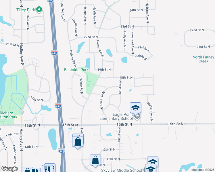 map of restaurants, bars, coffee shops, grocery stores, and more near 7612 Upper 17th Street North in Saint Paul