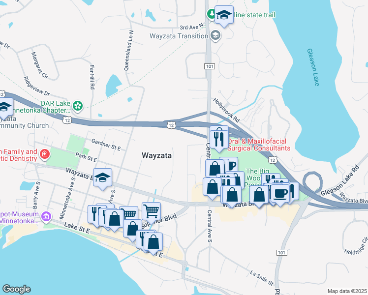 map of restaurants, bars, coffee shops, grocery stores, and more near 265 Benton Avenue in Wayzata