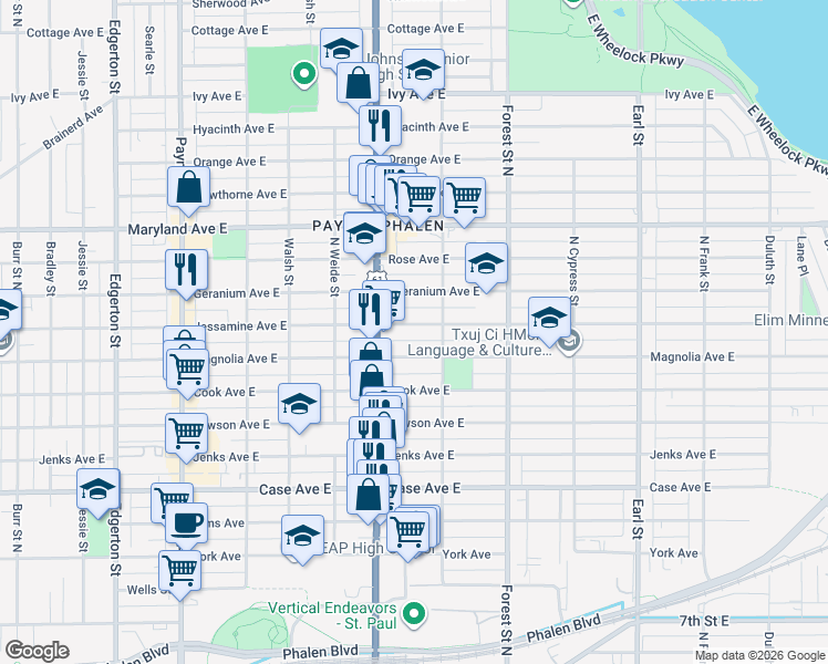 map of restaurants, bars, coffee shops, grocery stores, and more near 852 Jessamine Avenue East in Saint Paul