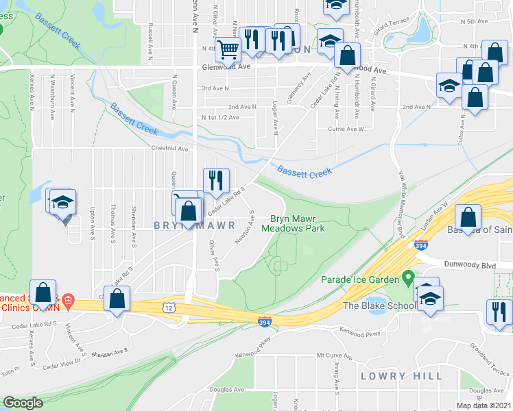 map of restaurants, bars, coffee shops, grocery stores, and more near 225 Newton Avenue South in Minneapolis
