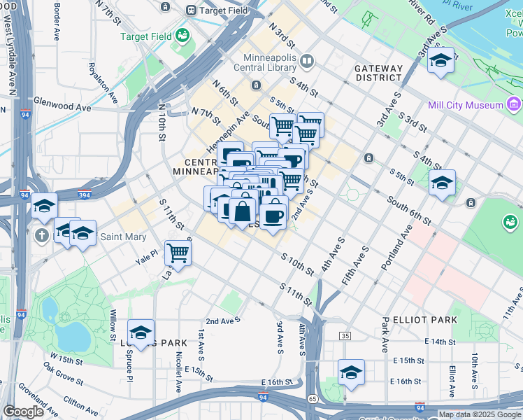 map of restaurants, bars, coffee shops, grocery stores, and more near 90 South 9th Street in Minneapolis