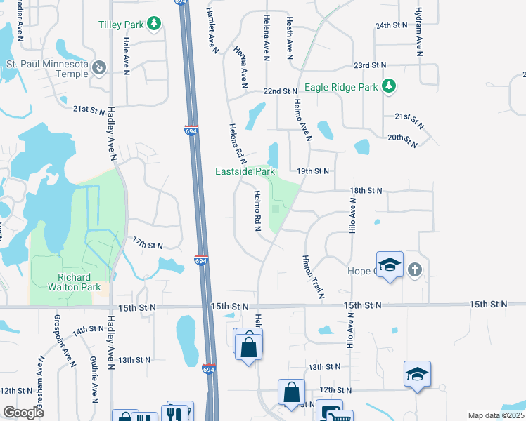 map of restaurants, bars, coffee shops, grocery stores, and more near 1775 Helmo Road North in Oakdale