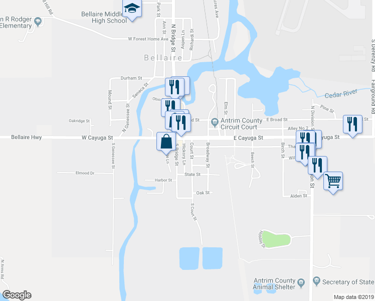 map of restaurants, bars, coffee shops, grocery stores, and more near 106 Court Street in Bellaire