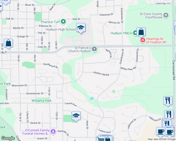 map of restaurants, bars, coffee shops, grocery stores, and more near 1505 Hunter Hill Road in Hudson