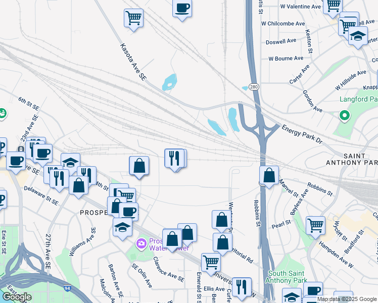 map of restaurants, bars, coffee shops, grocery stores, and more near 630 Malcolm Ave SE in Minneapolis
