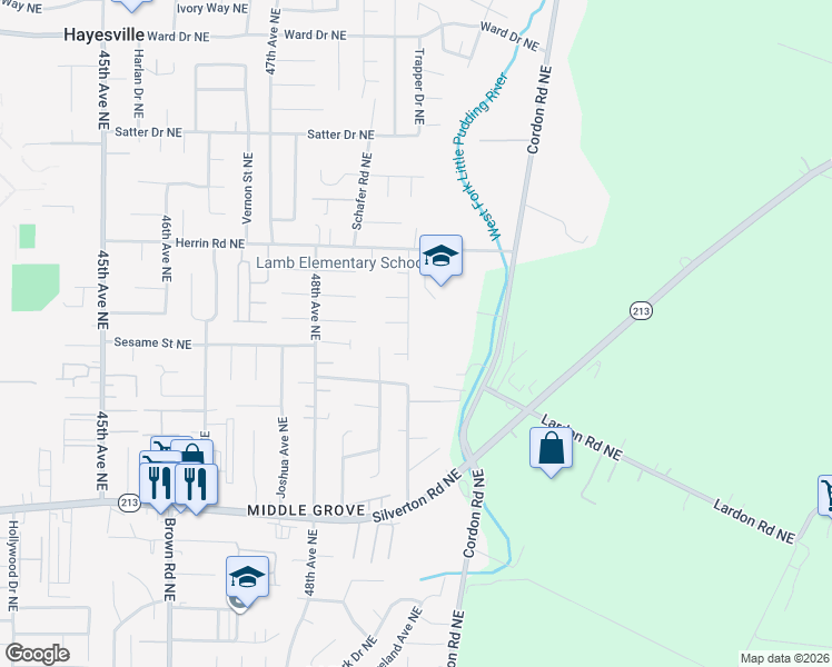 map of restaurants, bars, coffee shops, grocery stores, and more near 3858 Middle Grove Drive Northeast in Salem