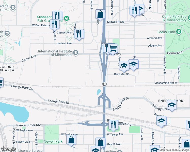 map of restaurants, bars, coffee shops, grocery stores, and more near 1091 Snelling Avenue North in Saint Paul