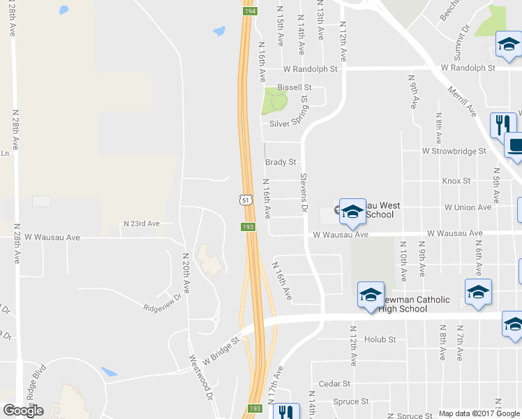 map of restaurants, bars, coffee shops, grocery stores, and more near 1006 North 16th Avenue in Wausau