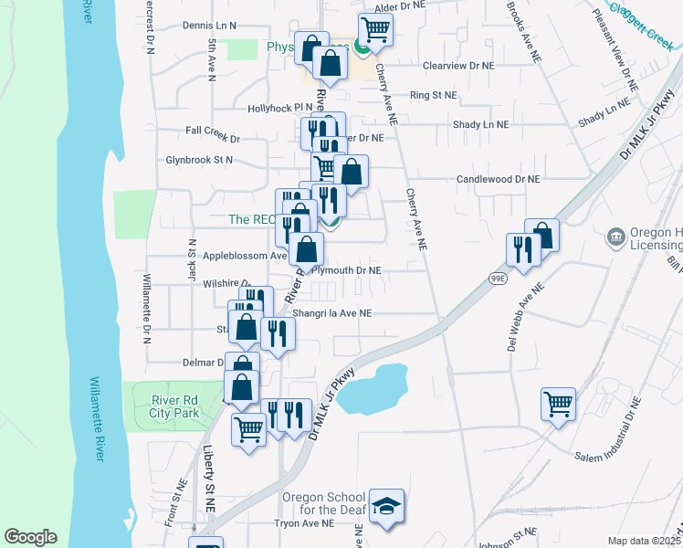 map of restaurants, bars, coffee shops, grocery stores, and more near 702 Plymouth Drive Northeast in Keizer