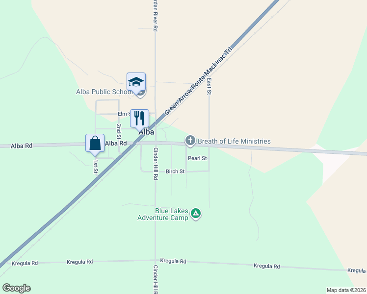 map of restaurants, bars, coffee shops, grocery stores, and more near 6112 Alba Road in Elmira