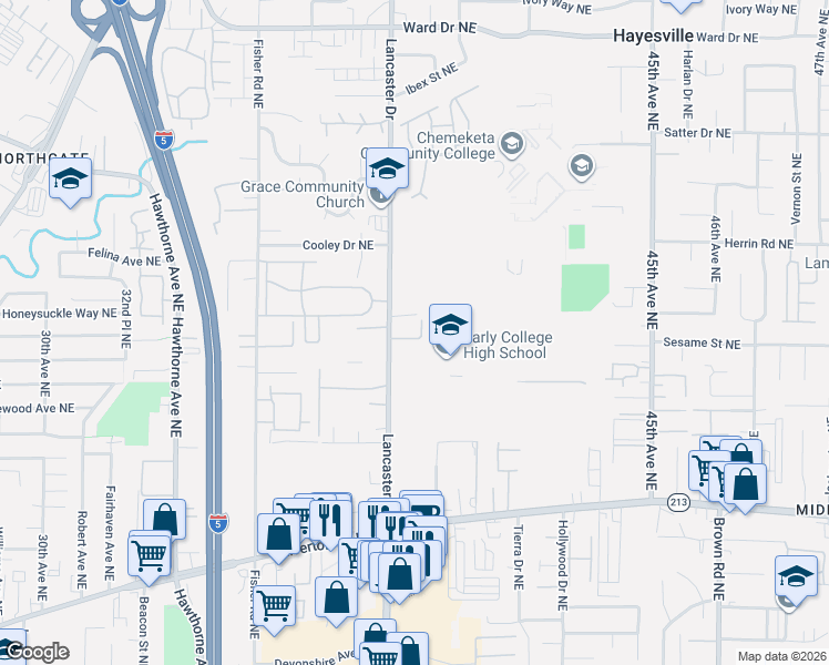 map of restaurants, bars, coffee shops, grocery stores, and more near 4033 Aden Place Northeast in Salem