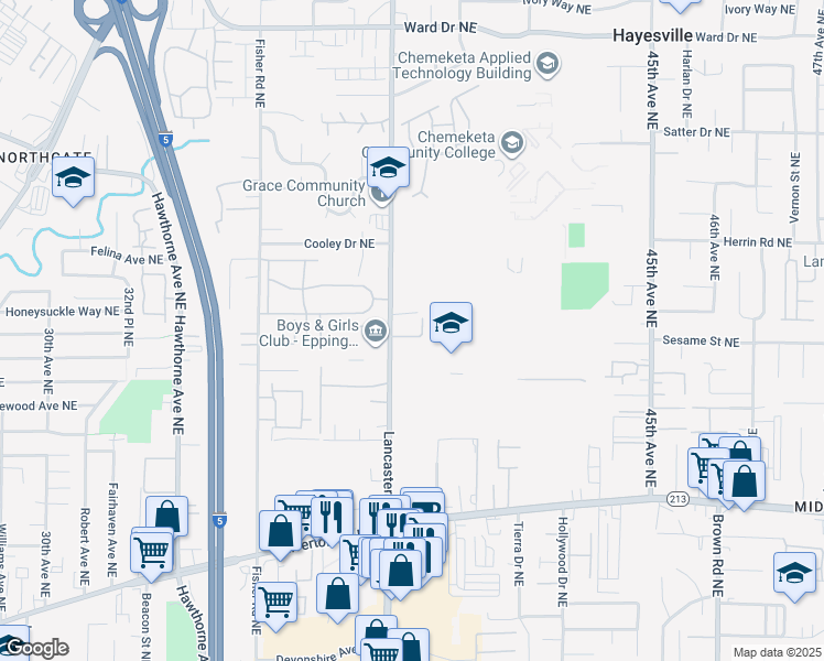map of restaurants, bars, coffee shops, grocery stores, and more near 4025 Aden Place Northeast in Salem