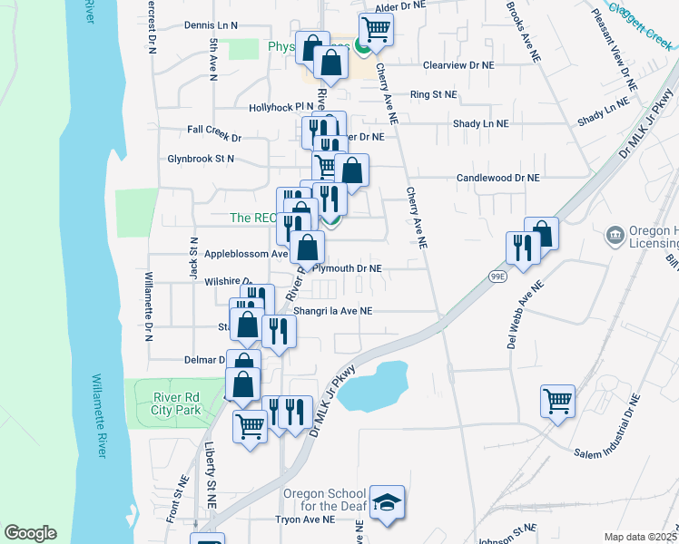 map of restaurants, bars, coffee shops, grocery stores, and more near 748 Plymouth Drive Northeast in Keizer