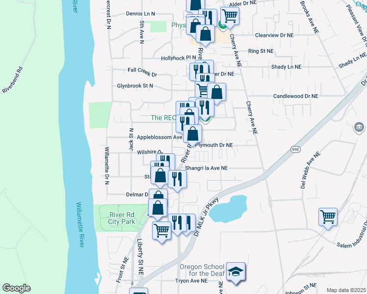 map of restaurants, bars, coffee shops, grocery stores, and more near 3357 River Road North in Salem