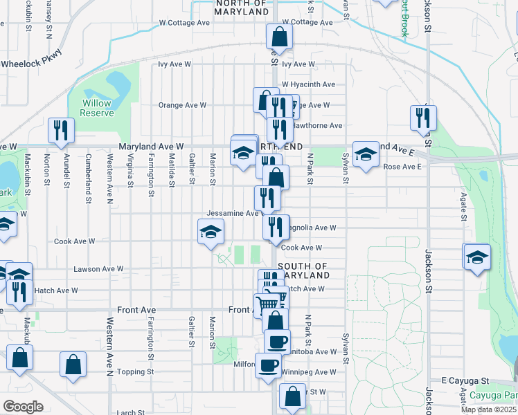 map of restaurants, bars, coffee shops, grocery stores, and more near 1111 Rice Street in Saint Paul
