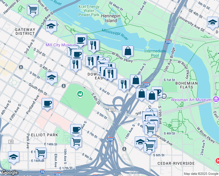 map of restaurants, bars, coffee shops, grocery stores, and more near 1100 South 3rd Street in Minneapolis