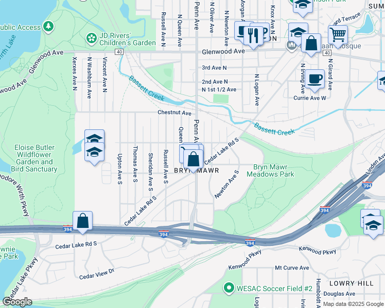 map of restaurants, bars, coffee shops, grocery stores, and more near 224 North Penn Avenue in Minneapolis