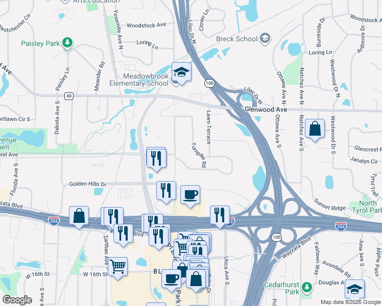 map of restaurants, bars, coffee shops, grocery stores, and more near 416 Turnpike Road in Minneapolis