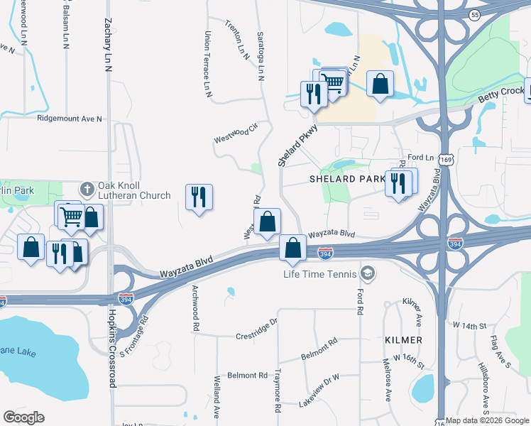 map of restaurants, bars, coffee shops, grocery stores, and more near 28 Westwood Road in Hopkins