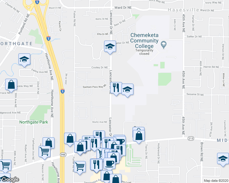 map of restaurants, bars, coffee shops, grocery stores, and more near 4013 Aden Place Northeast in Salem