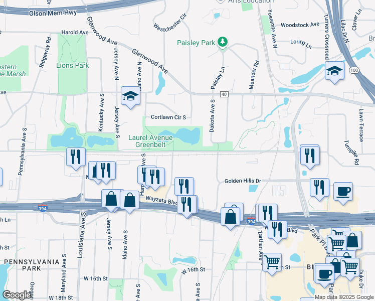 map of restaurants, bars, coffee shops, grocery stores, and more near Laurel Avenue Greenbelt Trail Corridor in Minneapolis