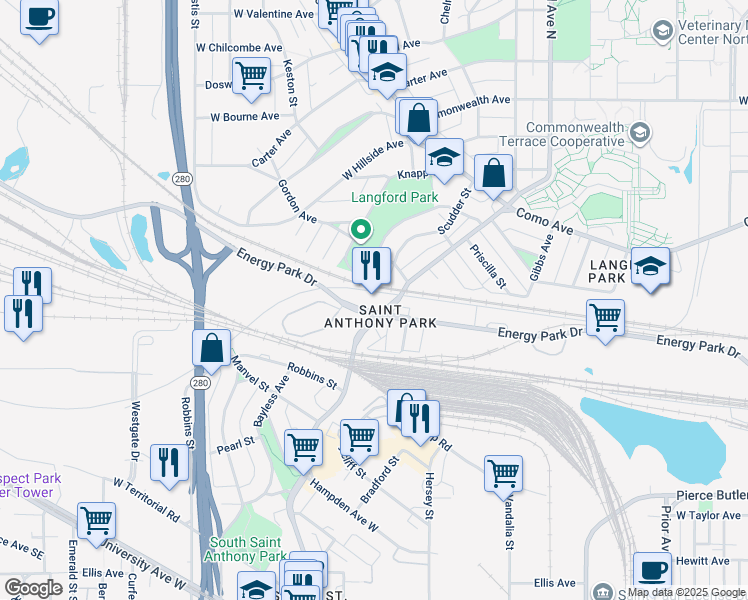 map of restaurants, bars, coffee shops, grocery stores, and more near in Saint Paul