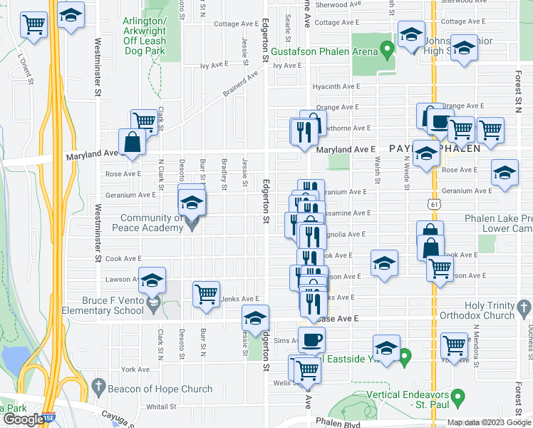 map of restaurants, bars, coffee shops, grocery stores, and more near 937 E Jessamine Ave in St Paul