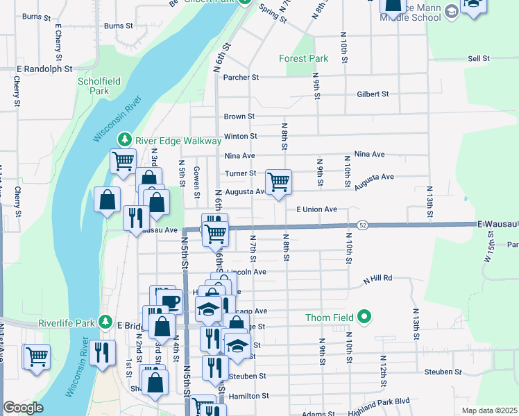 map of restaurants, bars, coffee shops, grocery stores, and more near 2217 North 7th Street in Wausau
