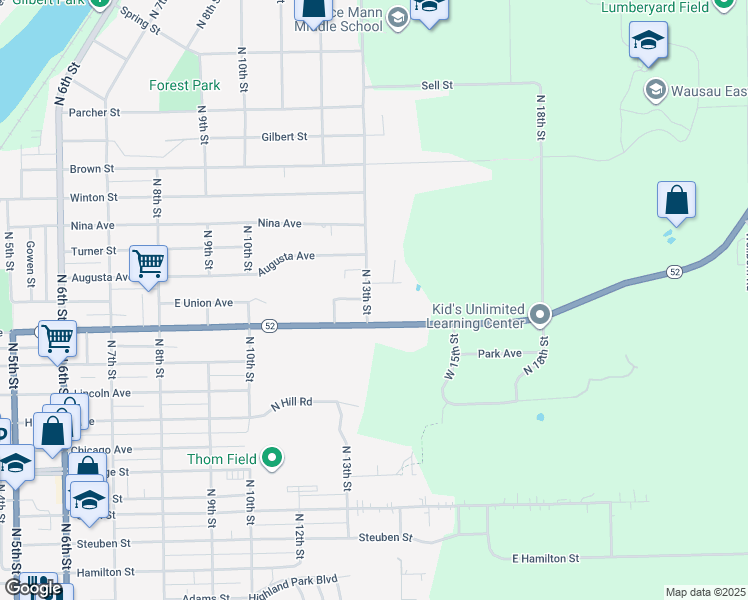 map of restaurants, bars, coffee shops, grocery stores, and more near 2209 N 13th St in Wausau