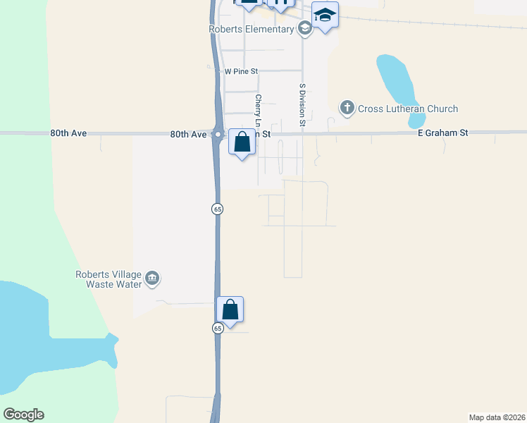map of restaurants, bars, coffee shops, grocery stores, and more near 623 Ashton Street in Roberts