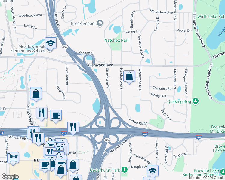 map of restaurants, bars, coffee shops, grocery stores, and more near 417 Ottawa Avenue South in Minneapolis