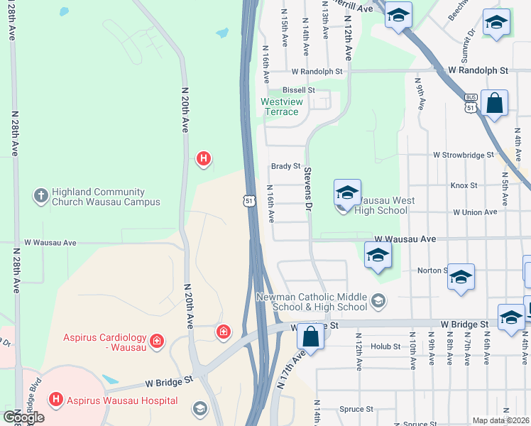 map of restaurants, bars, coffee shops, grocery stores, and more near 1006 North 16th Avenue in Wausau