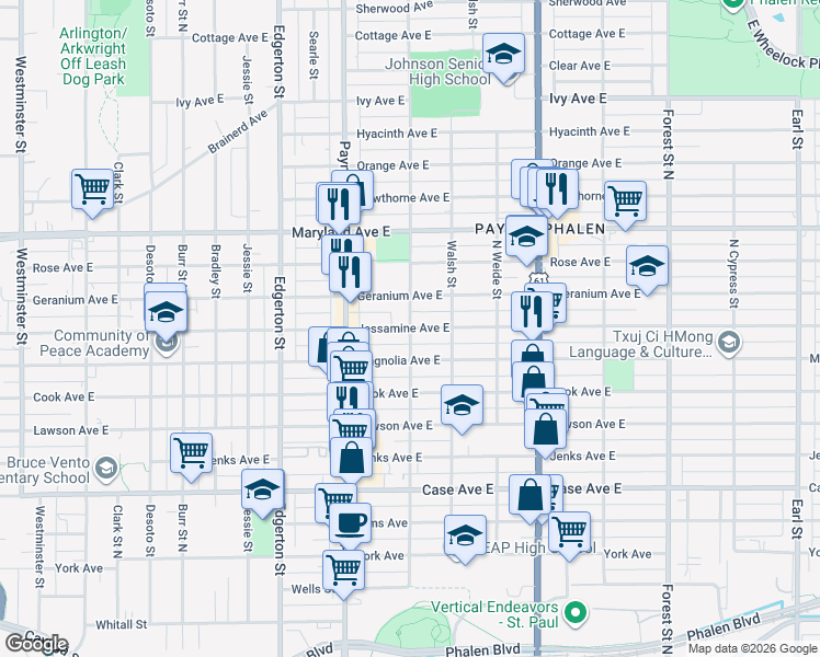 map of restaurants, bars, coffee shops, grocery stores, and more near E Jessamine Ave & Greenbrier St in St Paul