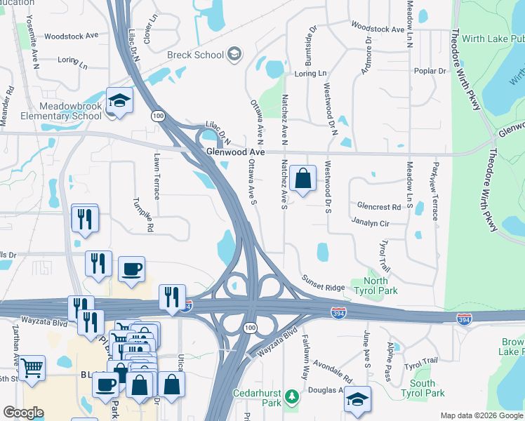 map of restaurants, bars, coffee shops, grocery stores, and more near 417 Ottawa Avenue South in Minneapolis