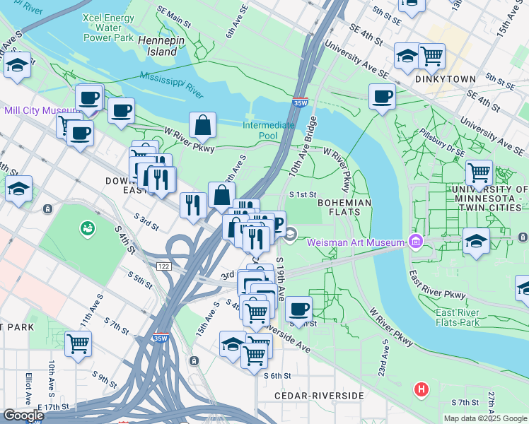 map of restaurants, bars, coffee shops, grocery stores, and more near 1400 South 2nd Street in Minneapolis