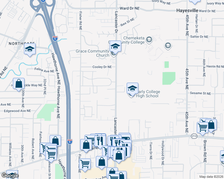 map of restaurants, bars, coffee shops, grocery stores, and more near 3835 Lancaster Drive Northeast in Salem