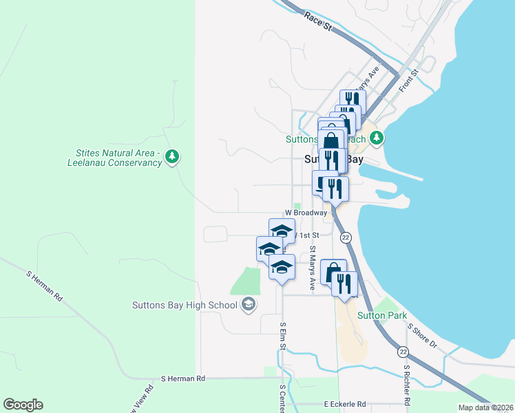 map of restaurants, bars, coffee shops, grocery stores, and more near 301-423 West Broadway in Suttons Bay